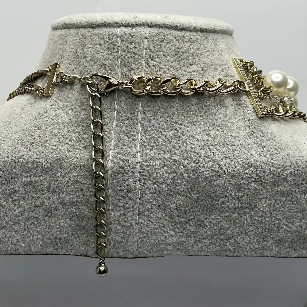 Amazing Gold Tone Fax Pearl Glass Rhinestone Flower Layered Chain Necklace